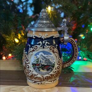🍻VTG Gerz German Beer Stein - Oberammergau 💙 Cobalt Blue & Pewter Lid 1990s mini